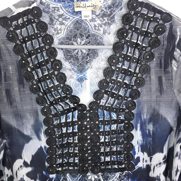 World Unity Top WOmens L Embroidered Neckline Studded Artsy Dyed Dark Colors - Picture 3 of 11